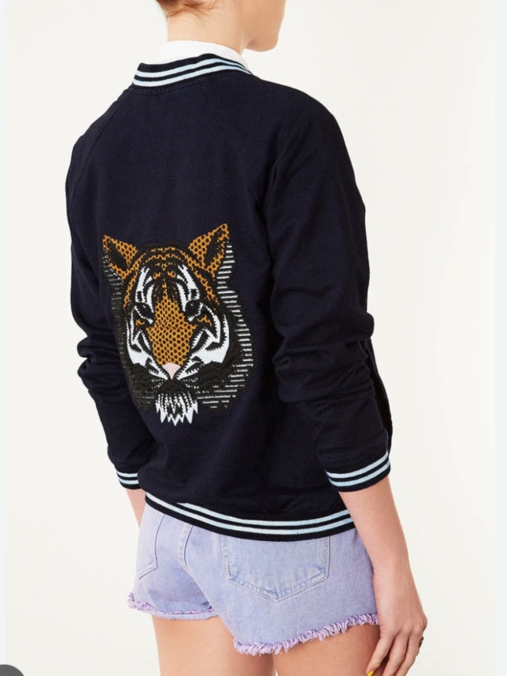 Navy Bomber Jacket with Contrast Stripe Trim